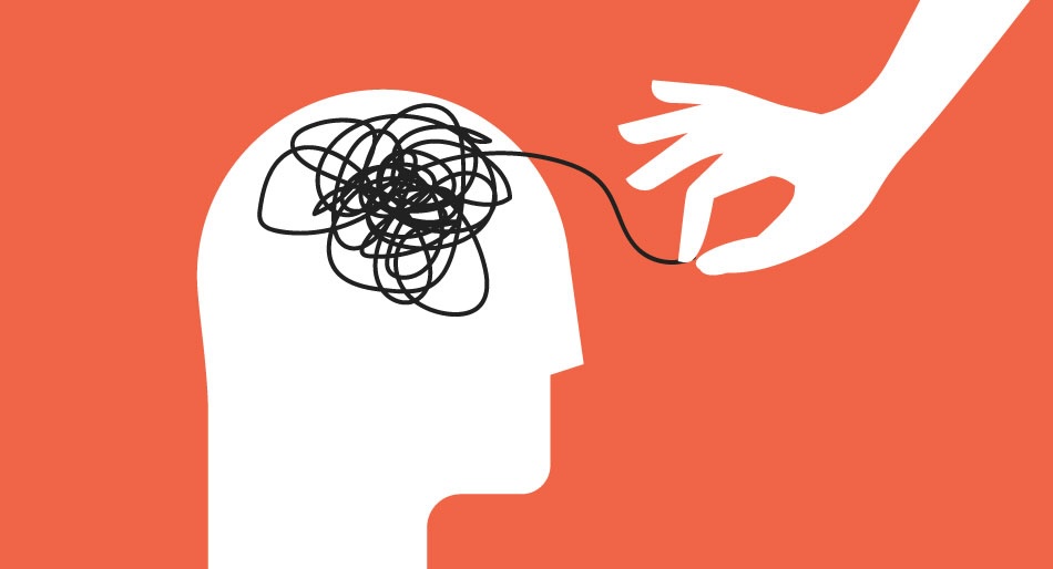 Hand gently pulling on thread of entangled ball of anxiety in human mind to depict managing anxiety 